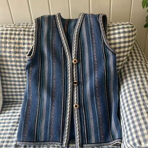 Vintage Looking Woolen Striped Vest with Wooden Buttons